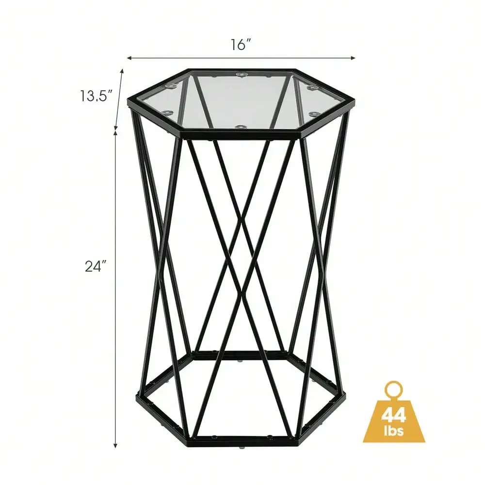 Side Table Tempered Glass Top Metal Frame Hexagonal Accent End Table Living Room