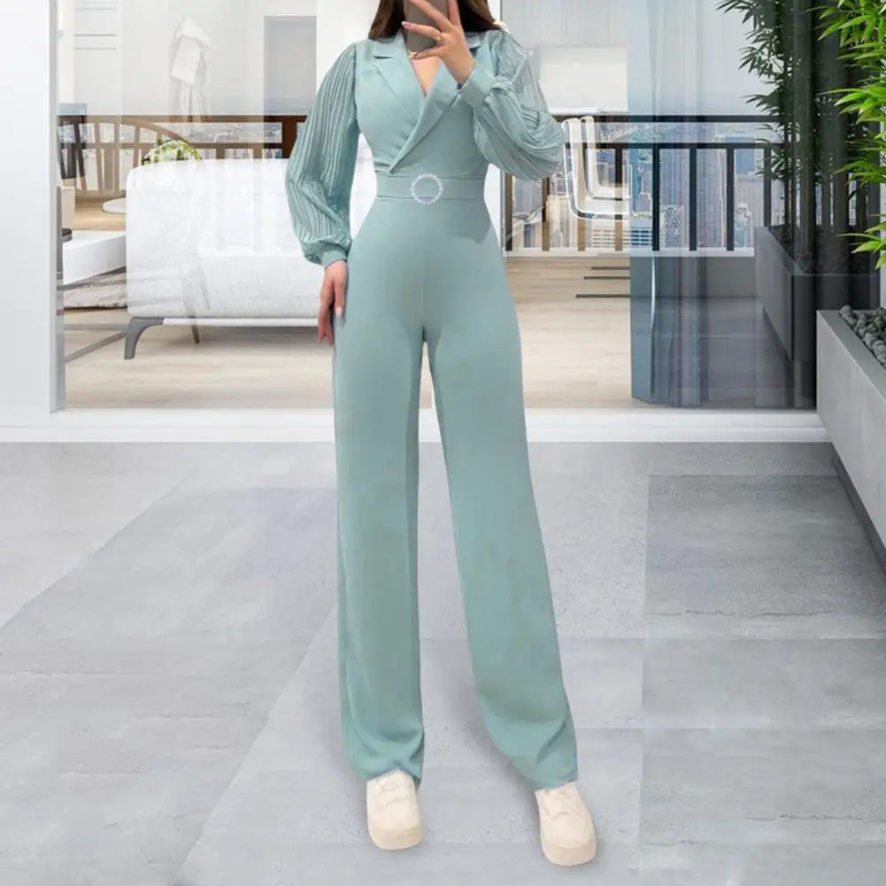 One-piece Clothing Elegant Women's Formal Jumpsuit with Lantern Sleeves V Neck Wide Leg Chic Office Wear for Spring Fall Long