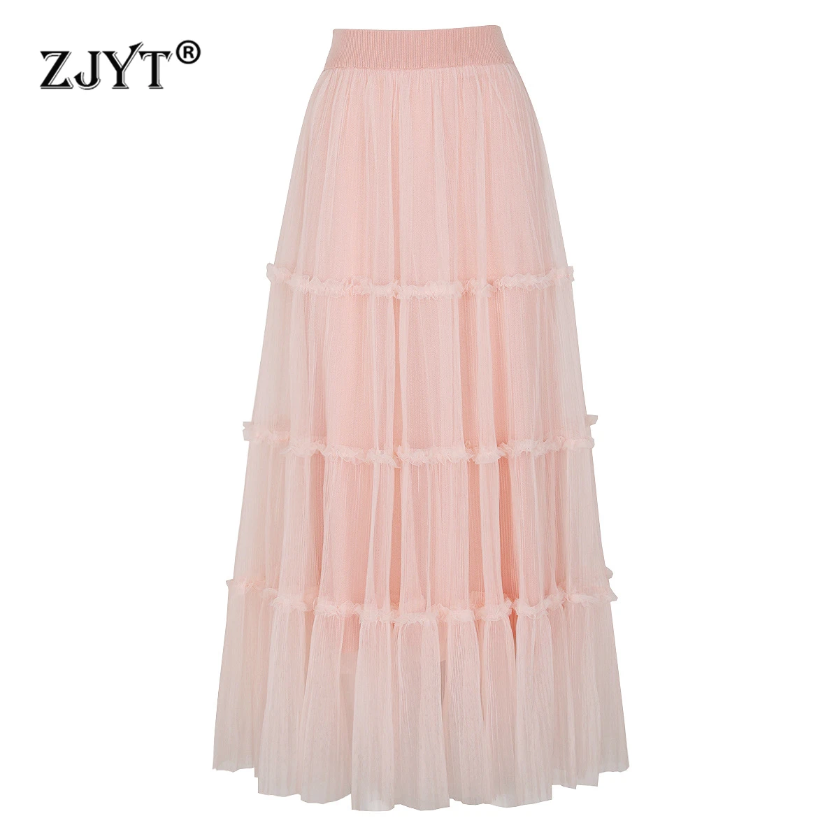 

ZJYT Elegant Lady Mesh Long Maxi Skirts for Women Spring 2026 Fashion Elastic Waist Aline Female Faldas Casual Party Pink Black