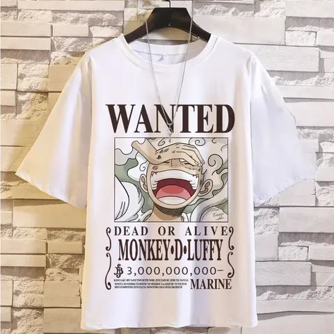 One Piece T-shirt 2025 White Cotton Anime Tee Monkey D Luffy Wanted Poster $3b Bounty Marine Text Japanese Manga Style