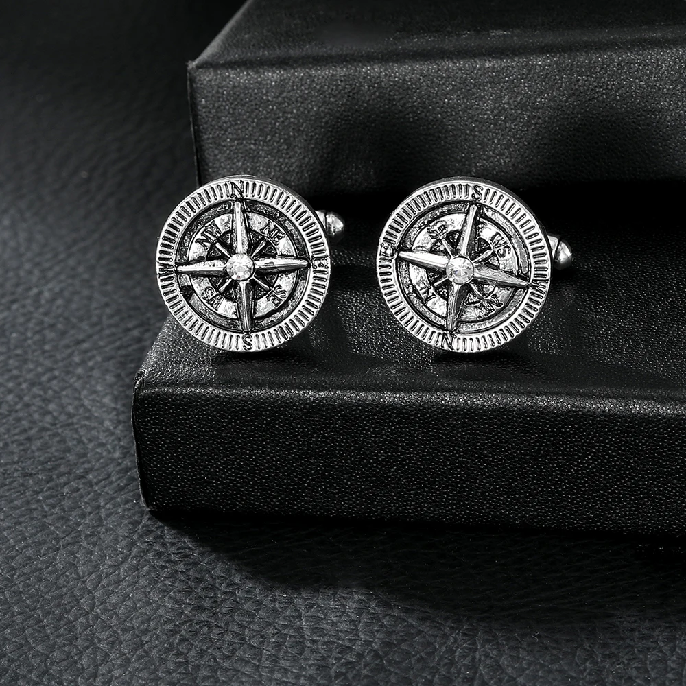Vintage Mens Compass Design Round Cufflinks For Shirt Suit Tuxedo Blouse Jewelry Decoration