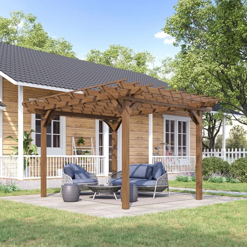 12' x 10' Outdoor Pergola, Wood Gazebo Grape Trellis with Stable Structure for Garden, High Quality