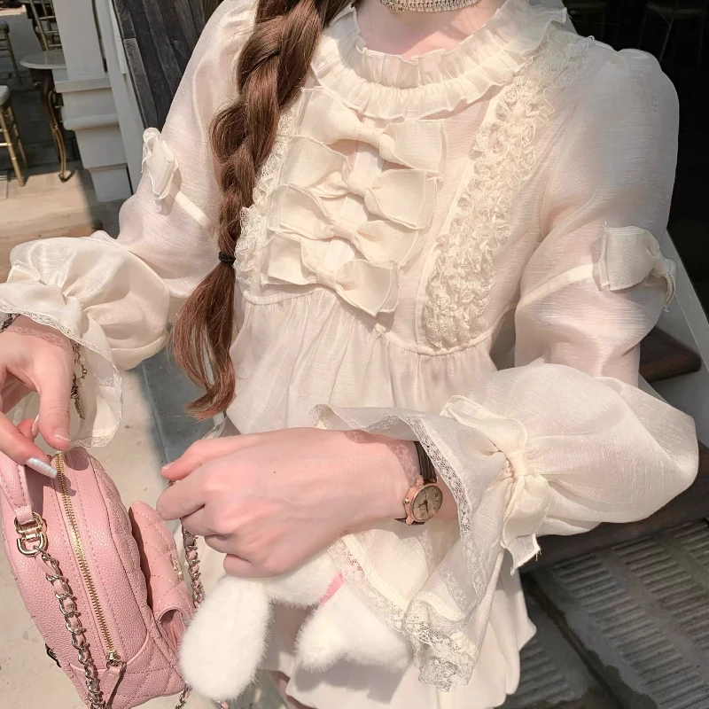 أنيقة الحلو لوليتا نمط البلوزات النساء Kawaii القوس الكشكشة طويلة الأكمام الأميرة قميص Vintage الإناث الكورية بلوزات على الموضة Blusas