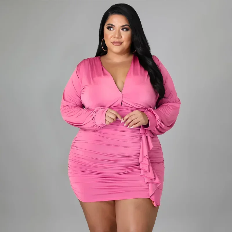 

KEXU 2024 Spring Women Plus Size Dress Stacked Stretchy Dresses Sexy V Neck Ruffles Skinny Vestidos Female Fashion Dresses