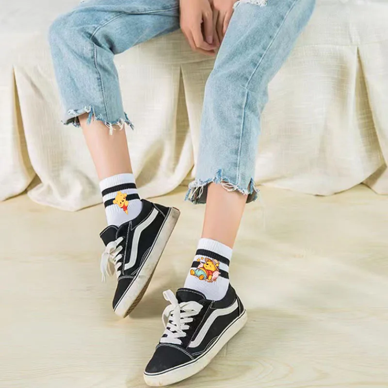 Cute Winnie The Pooh Bear Mid Tube Socks for Women Solid Colour in White and Black Streetwear Harajuku Breathable Casual Socks