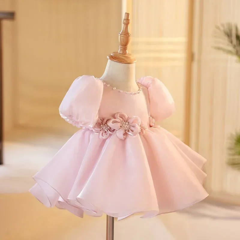 Pink Lace Baby Girl Dresses for Birthday Baptism Dresses Appliques Kids Wedding Party Princess Tulle Tutu Gown Formal Costume