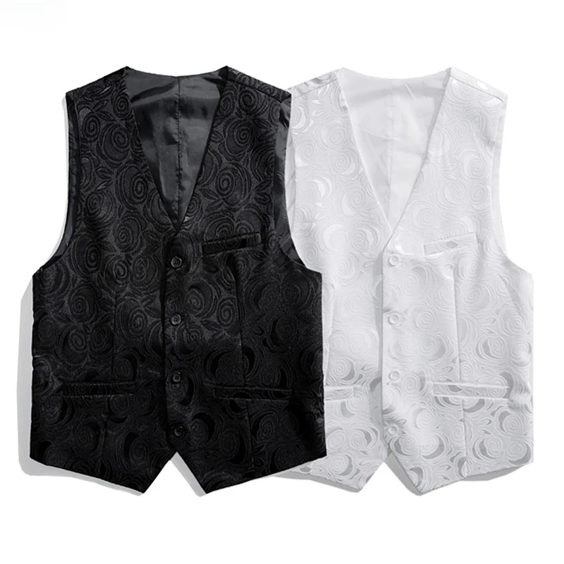 Giacca da uomo senza maniche con scollo a V ricamato con rose bianche, gilet da abito monopetto nero con bottoni, gilet di taglie asiatiche.