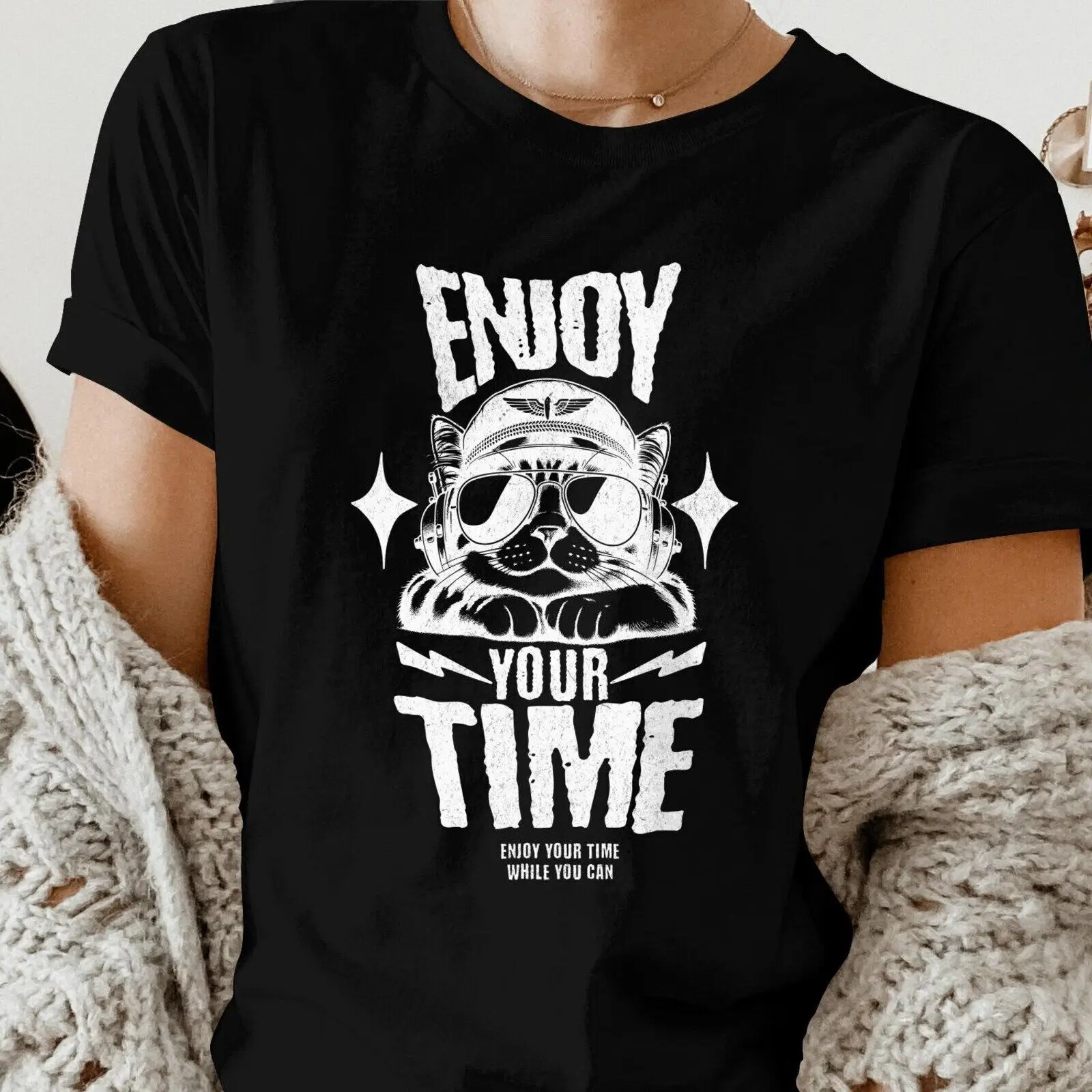 

Enjoy Your Time Cat T Shirt Retro Aesthetic Oversized shi