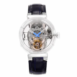 HUASUO 42mm Luxury Men's Watch Transparent Hollow Tourbillon Sapphire Crystal Automatic Mechanical 3ATM Waterproof