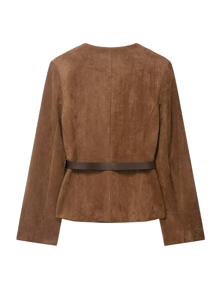 HH امرأة وهمية جيب حزام واحدة الصدر تزيين الشارع جاكيتات الخريف المرأة موضة س الرقبة طويلة الأكمام معطف قصير 3 ألوان