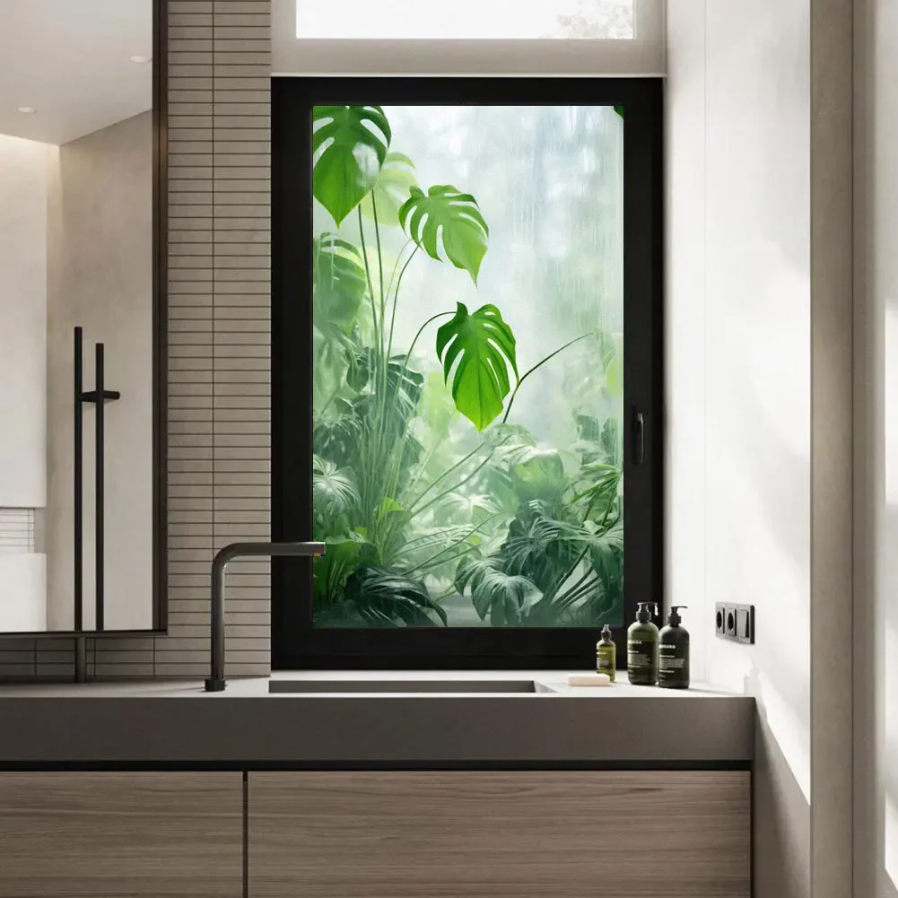 Película de privacidad para ventana adhesiva estática sin pegamento, pegatinas para ventana con patrón de planta verde, tinte para ventana para el