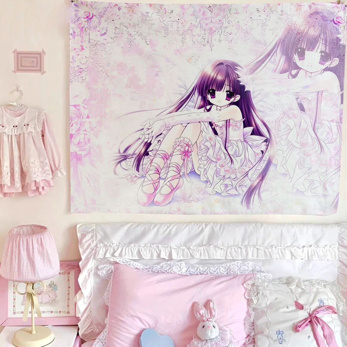 Asian Style Angel Pink Anime Tapestry Girlish Heart Decor for Dormitory Bedroom Old-school Wall Background