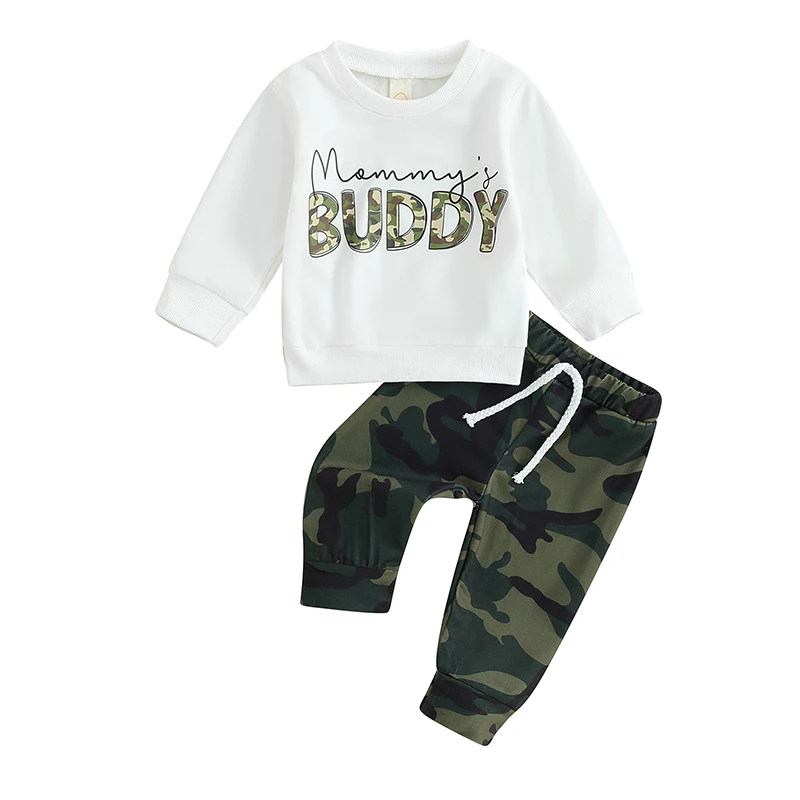 

Toddler Baby Boy Fall Winter Clothes Lette Print Crewneck Pullover Tops Solid Camouflage Pants Newborn Outfit