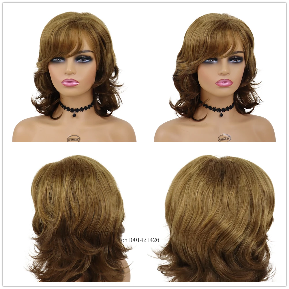 Synthetic Ombre Brown Blonde Wig with Bang Medium Length Shoulder Wigs Women Curly Wavy Hairstyles Daily Hair Replacement Wigs