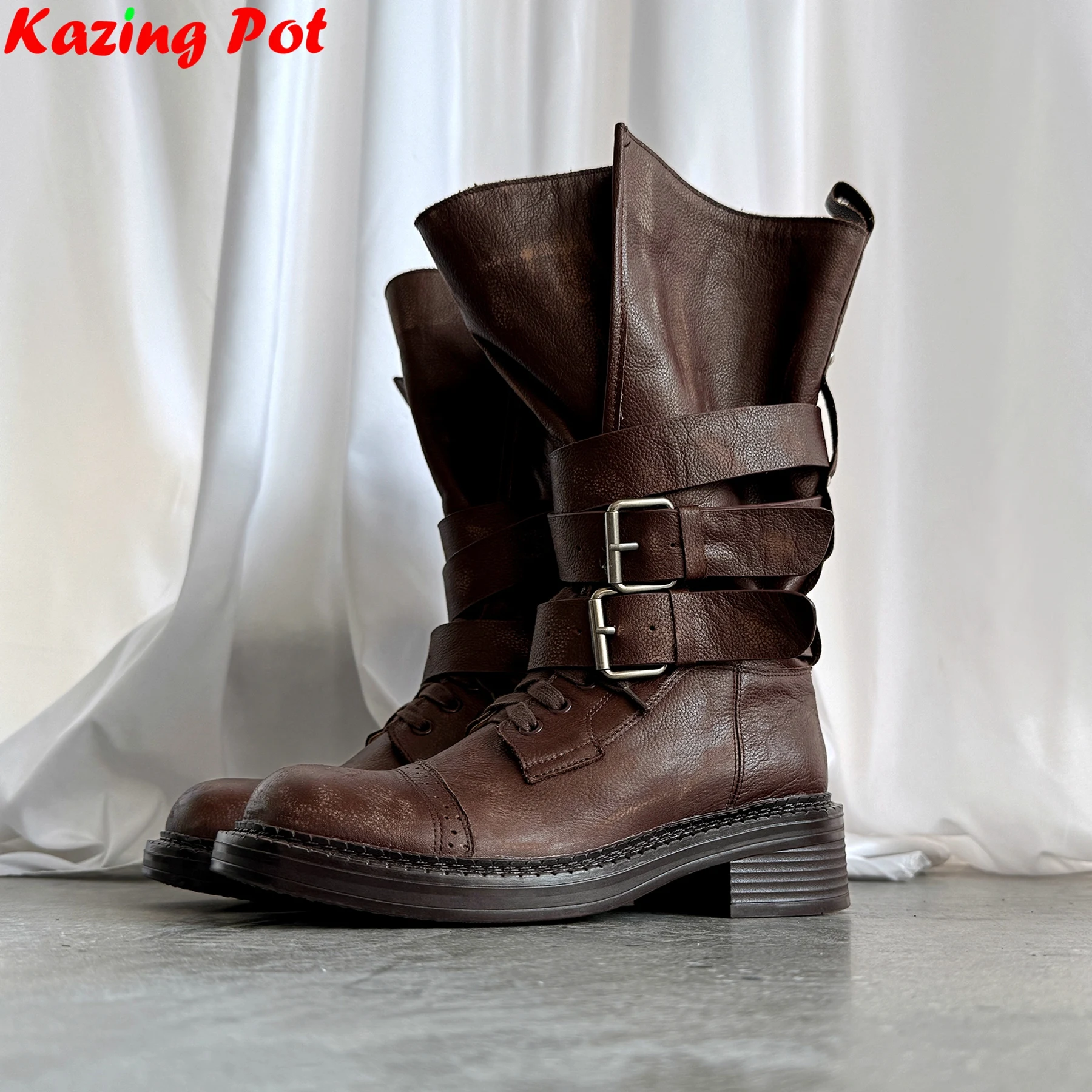 

Krazing Pot Brand Cow Skin Round Toe Med Heels Retro Western Boots Warm Winter Shoes Belt Buckle Climbing Luxury Mid-calf Boots