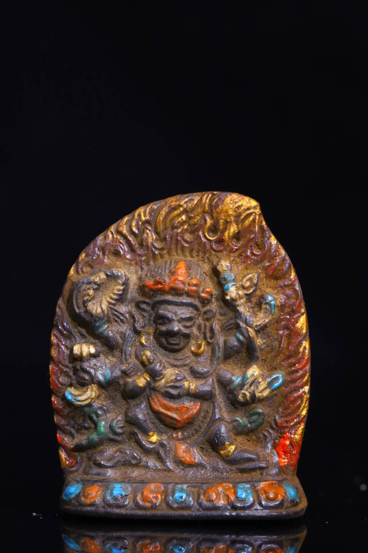 

2"Tibetan Temple Collection Old Bronze Painted Six-armed Mahakala Amulet Six Character Proverbs Pendant Town house