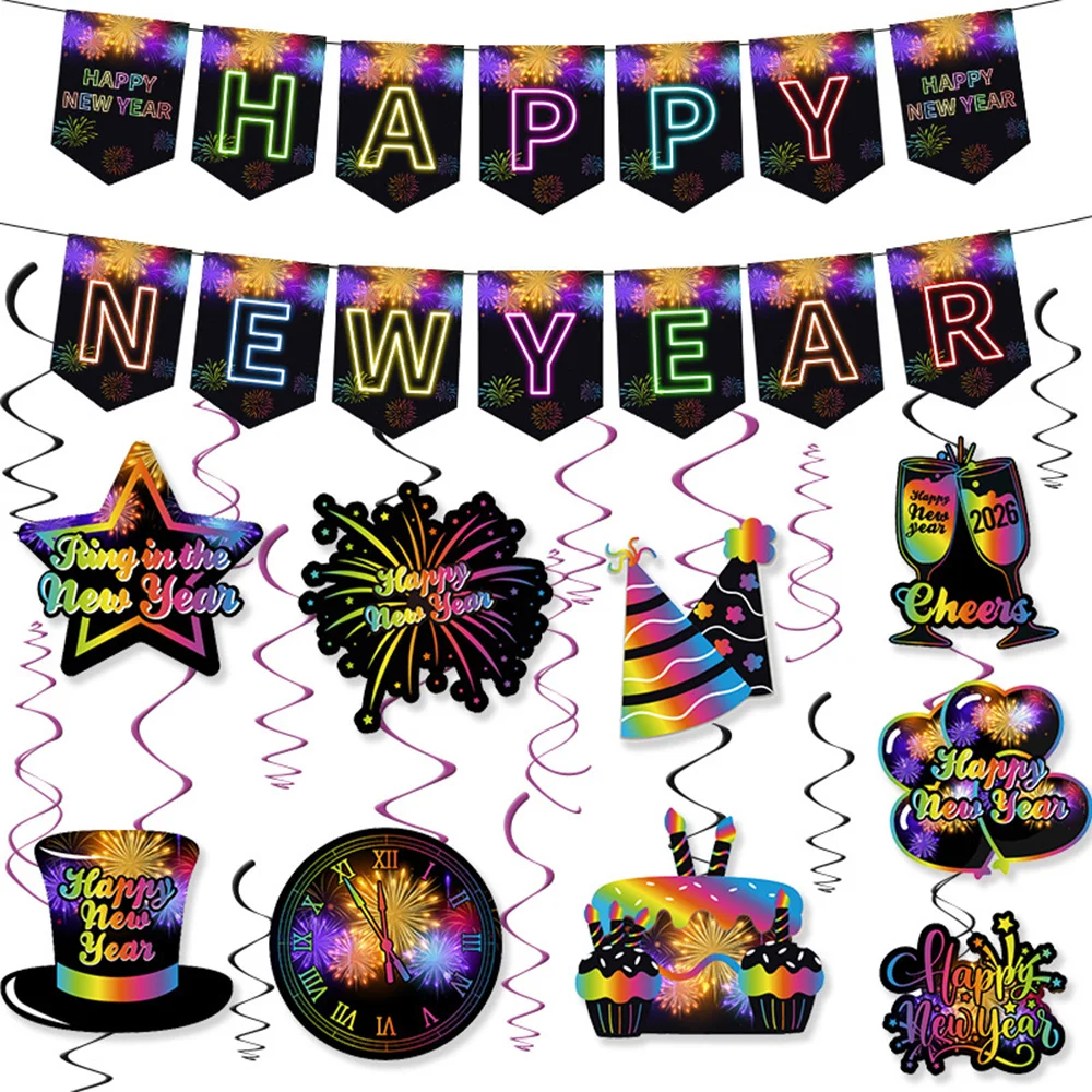 

2026 Happy New Year Party Decorations Banner Hanging Swirl Flag Fluorescent Theme Party Supplies for Home Event Celebration
