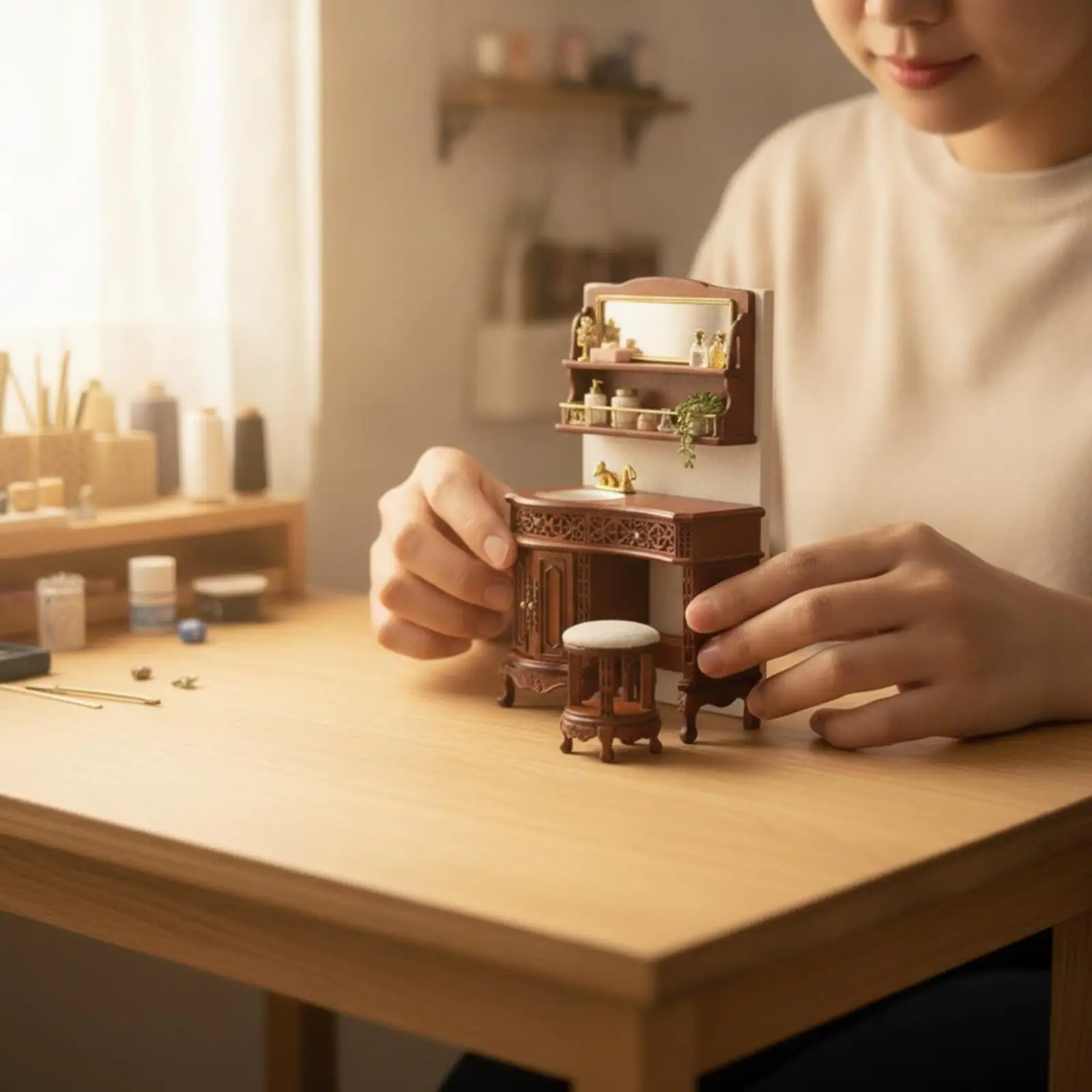 Wooden Dollhouse Bathroom Vanity Set 1 12 Scale Miniature Sink Cabinet with Stool Vintage Carved Details for Realistic Washroom