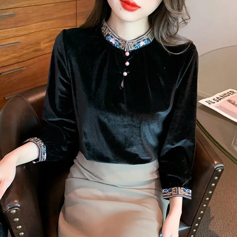 Stand Collar Base Shirt Women\'s Autumn Winter New High-end Velvet Top Anti-aging Beautiful Fashion Stylish Slim Looking Shirt