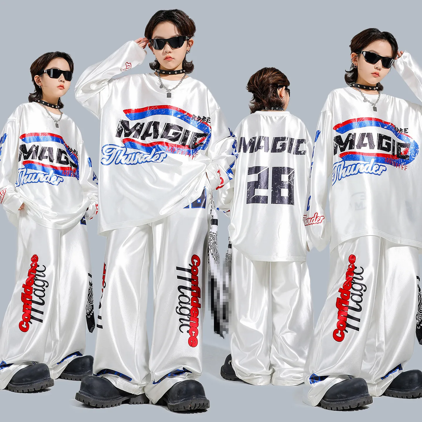 

Kid Kpop Hip Hop Clothing White Print Sweatshirt Top Gray Casual Sweat Jogger Pants for Girl Boy Jazz Dance Wear Costume Clothes