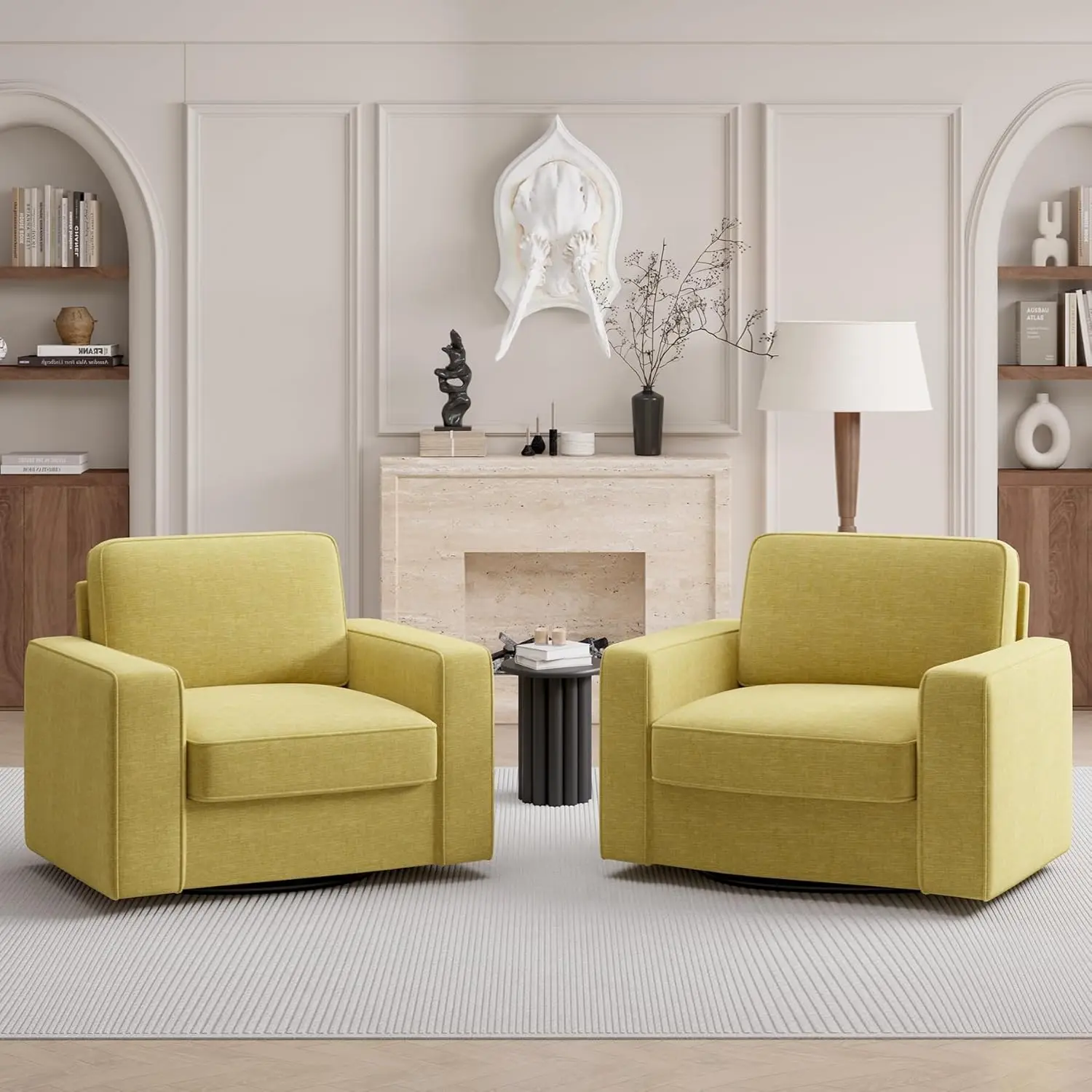 Swivel Accent Sofa Chair Set Of 2, 360 Degree Rotation Oversized Wingback Armchair Linen Fabric Single Thick Padding Soft