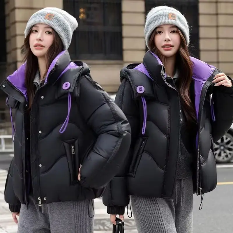

2025 New Down Cotton Jacket Women Parkas Fashion Loose Hooded Color Matching Short Casual Thick Warm Winter Female Outerwear