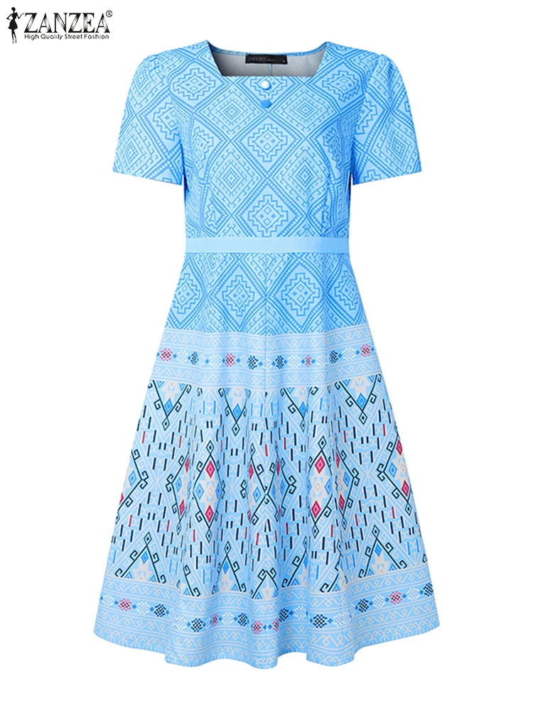2025 ZANZEA 우아한 오피스 드레스 여성 여름 짧은 소매 미디 Sundress 패션 파티 Vestido 캐주얼 스퀘어 칼라 롱 가운