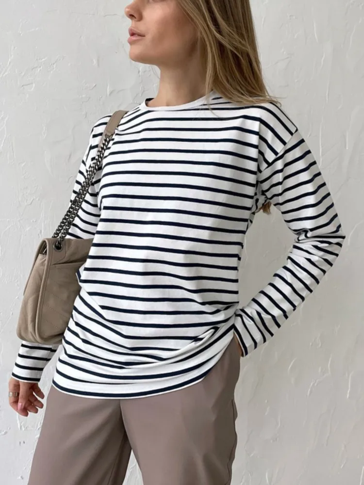 

Новая осенняя повседневная хлопковая полосатая свободная женская футболка с длинными рукавами, винтажные женские базовые уютные футболки, женская одежда, уличные топы