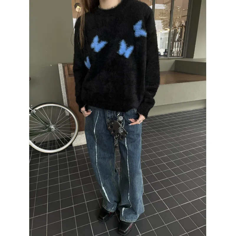 [oimg] Trendy Butterfly Jacquard Round Neck American High-end Couple Knitted Sweater