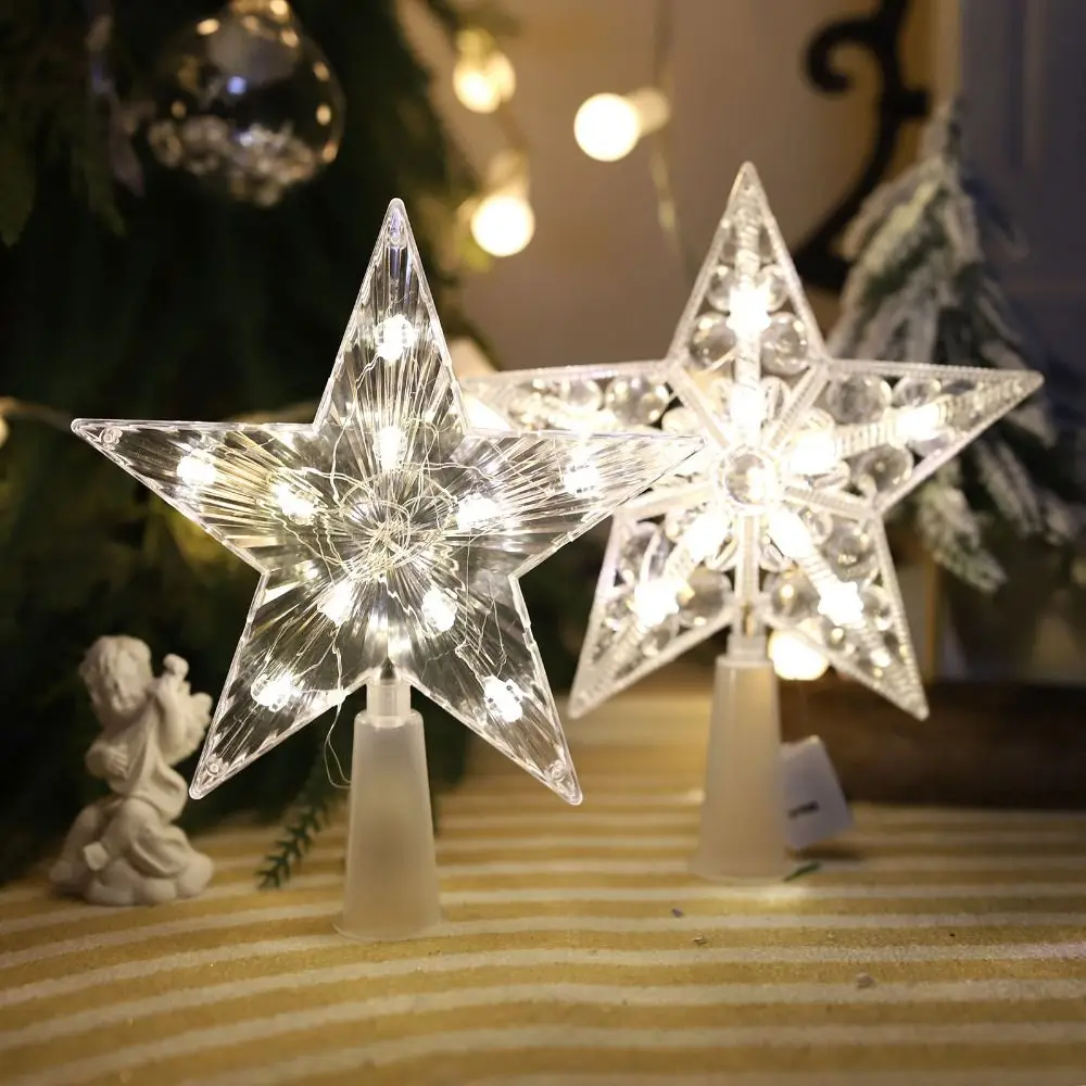 Transparent Christmas Star Tree Toppers Warm/Colorful Light Battery Powered LED Lighted Star Dust-proof Lighted