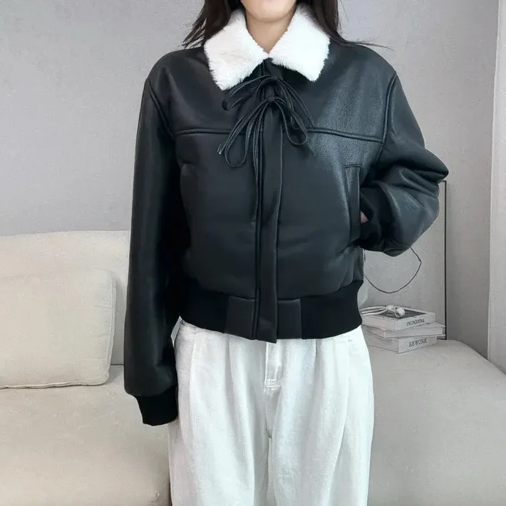 Women's Chic Thiened Fce Lined Leather Jaet Biker Sle All in One Fur Coat Long Sve Regular Length Bla Top