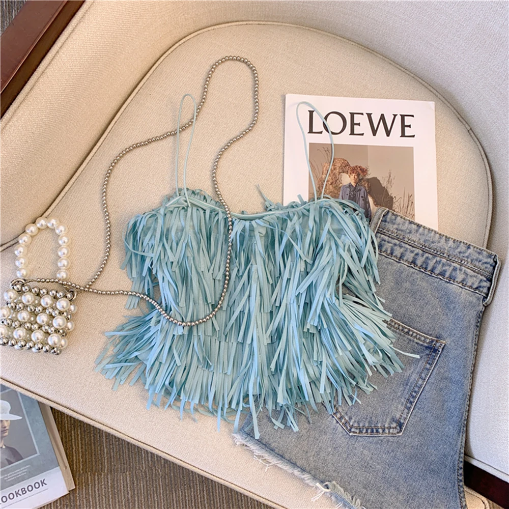 Sexy Fringed Halter Top Women's Summer New Blue Fashion Small Top Trendy Tassel Strap Vest Soft Tulle Fabric Female Party Tops