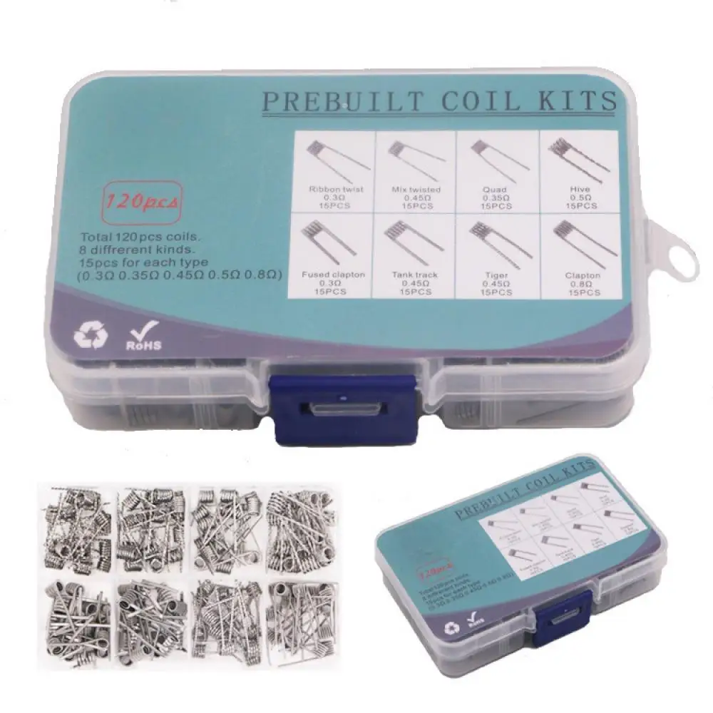 

120PCS Prebuilt Coil Kits 0.3Ω 0.45Ω 0.35Ω 0.5Ω 0.8Ω 8 Kinds of Coils 15PCS Each Prebuilt Coil Kits