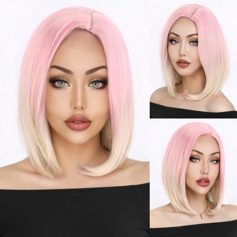 

, Multi-color Gradient Bob Cap, Middle Parted Student Hair Wig