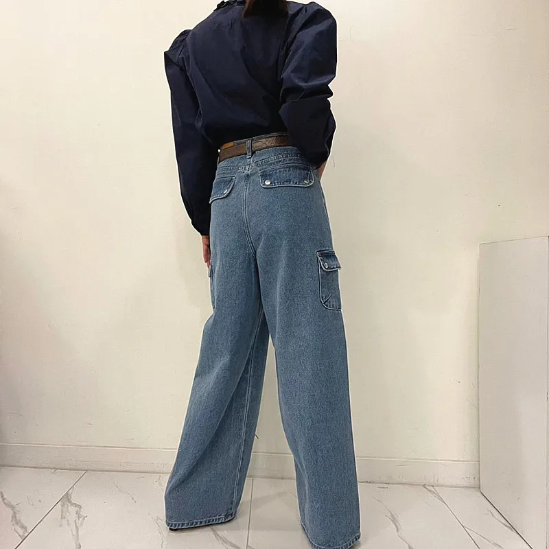 2023 Korean Y2K Fashion Washed Blue Baggy Cargo Jeans Pants Women Clothes Multi Pockets Straight Wide Leg Lady Denim Trousers