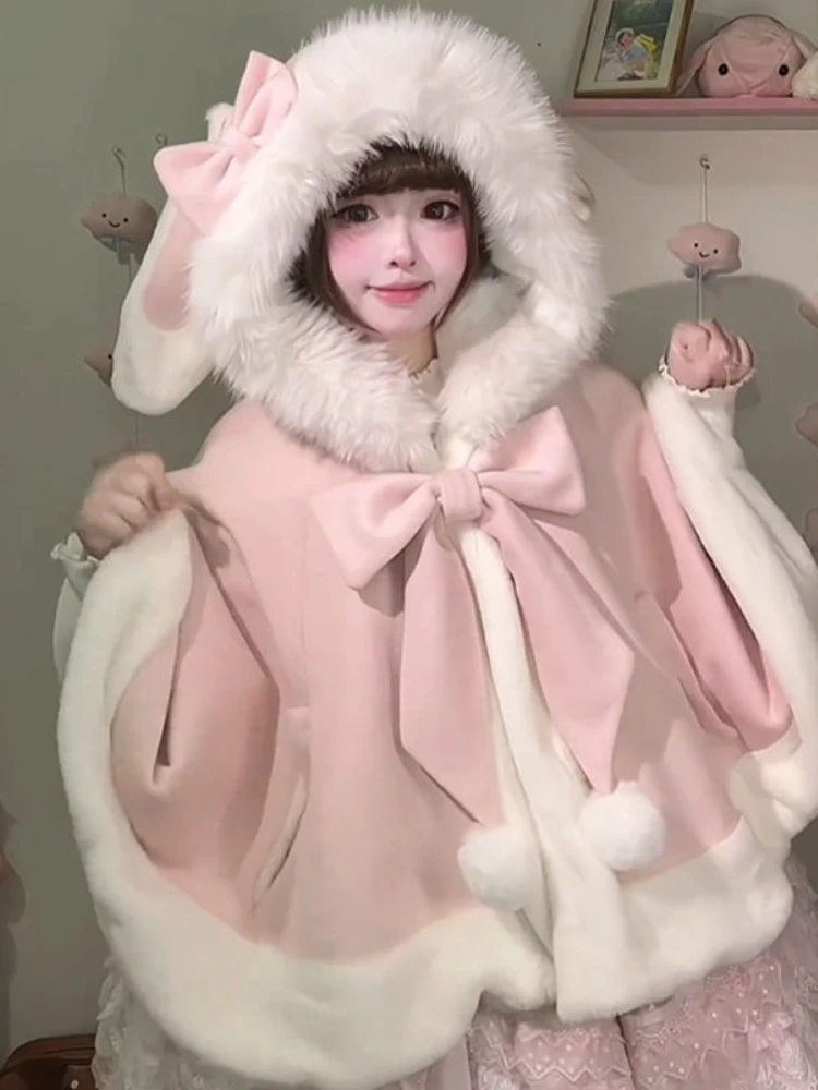 Japanese Sweet Lolita Cute Hooded Cloak Women New Design Fashion Bow Kawaii Warm Coat Harajuku Lovely Fairy Thick Clothing 2025