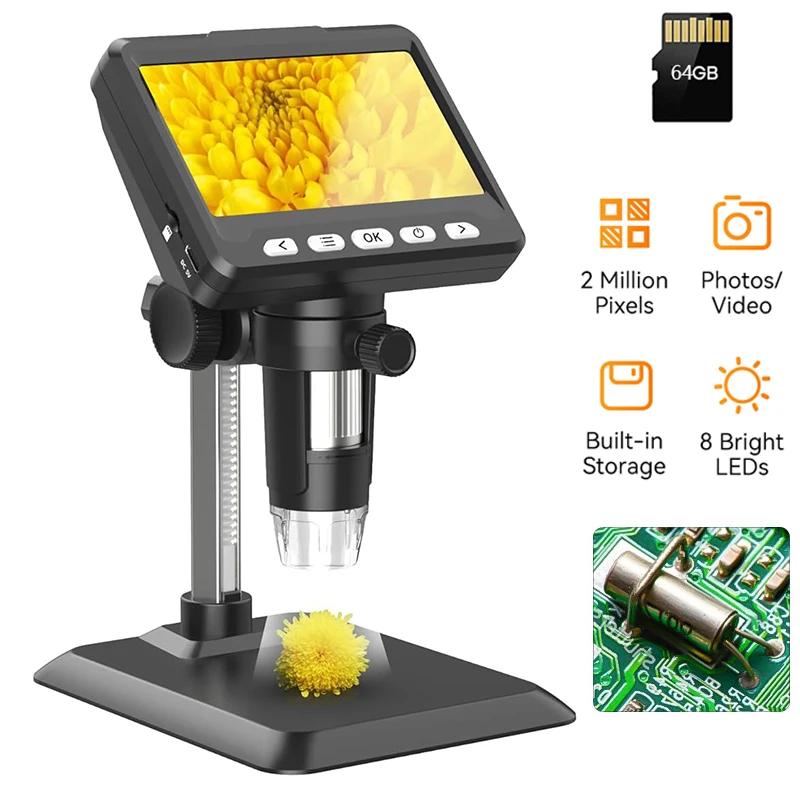 4.3'' Digital Microscope 1200X USB Microscope 1080P Video Microscope for Adult Soldering 8 LEDs Compatible with Windows/Mac OS