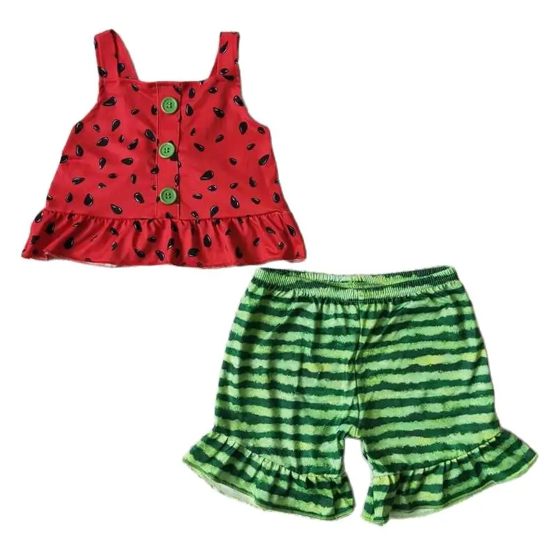 Conjunto de ropa para niñas pequeñas, pantalones cortos con volantes de sandía, ropa de Boutique, top de verano para niños