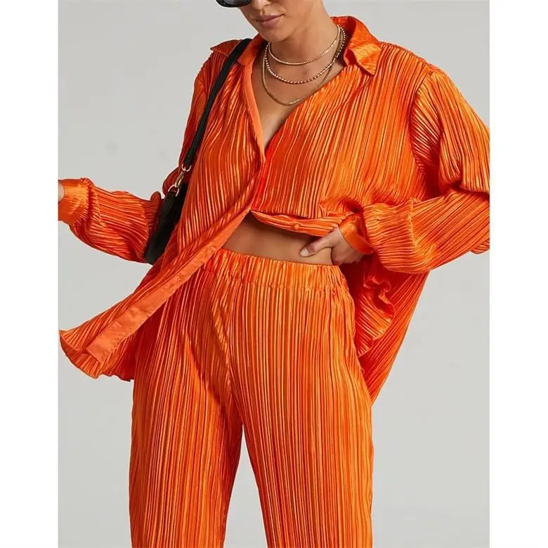 Faionable Women's Pleated Long Sve Collar irt Set Ele Casual Outfit Summer  Collection Sli Ensemble