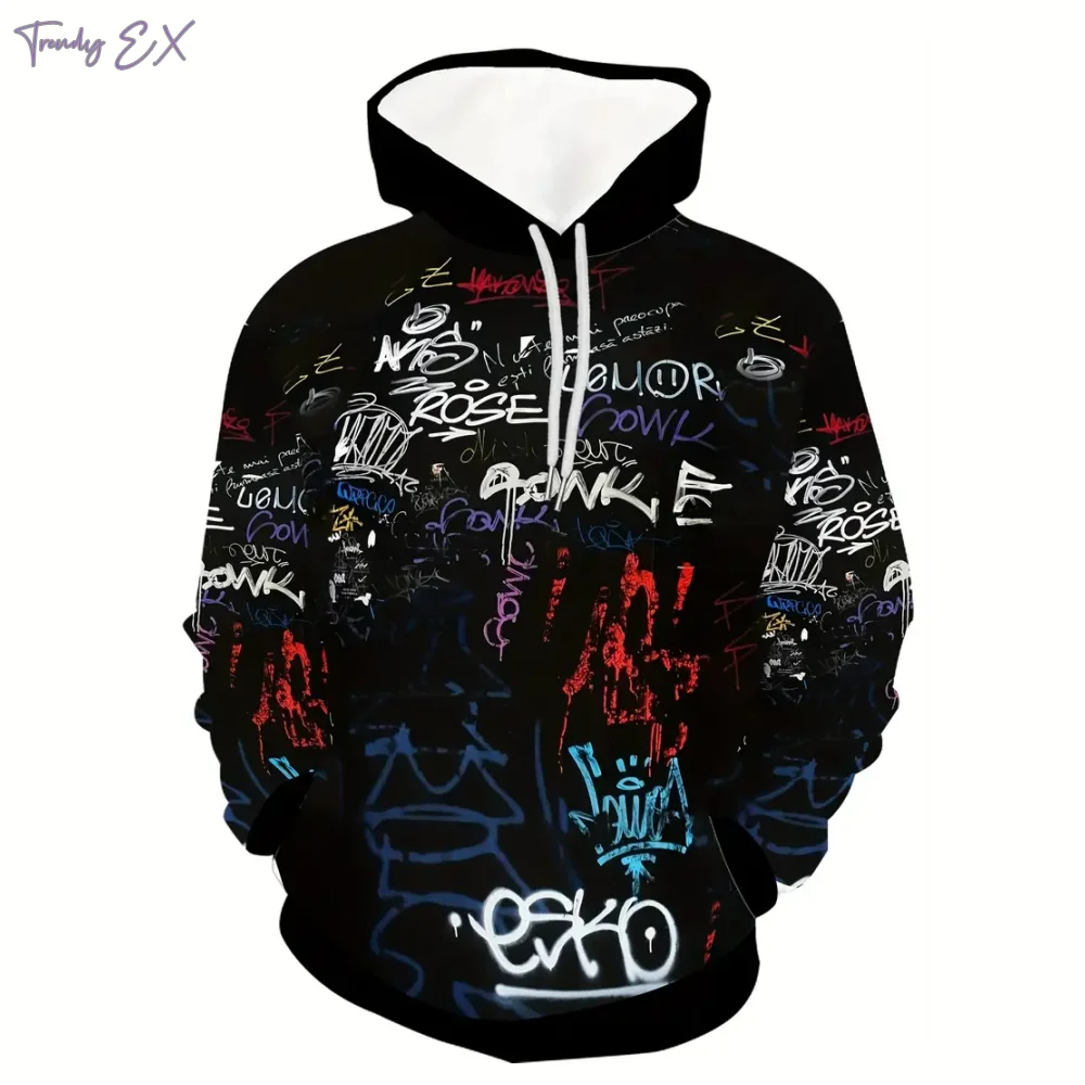 Sweatshirts for Men Fashion Graffiti Print Casual Oversized Hoodie Comforts Kangaroo Pocket Sport Long Sleeves Hooded Sweatshirt