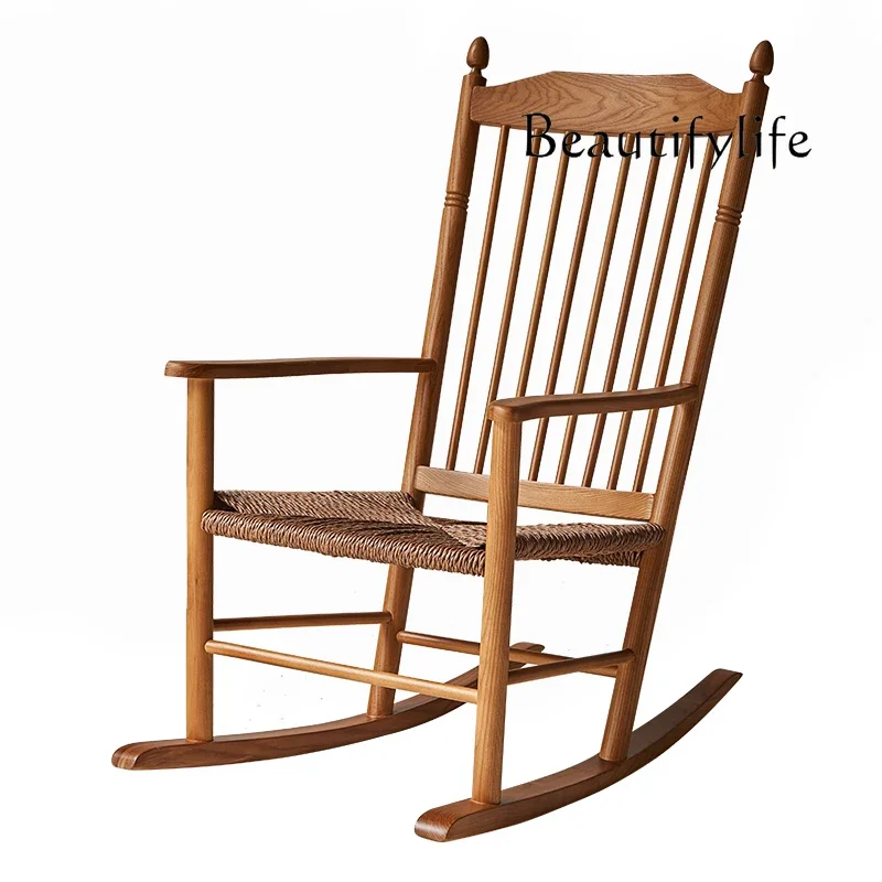 I Solid Wood Rocking Chair Rope Retro With Armrests High Backrest Designer High-end Homestay Living Room Furniture