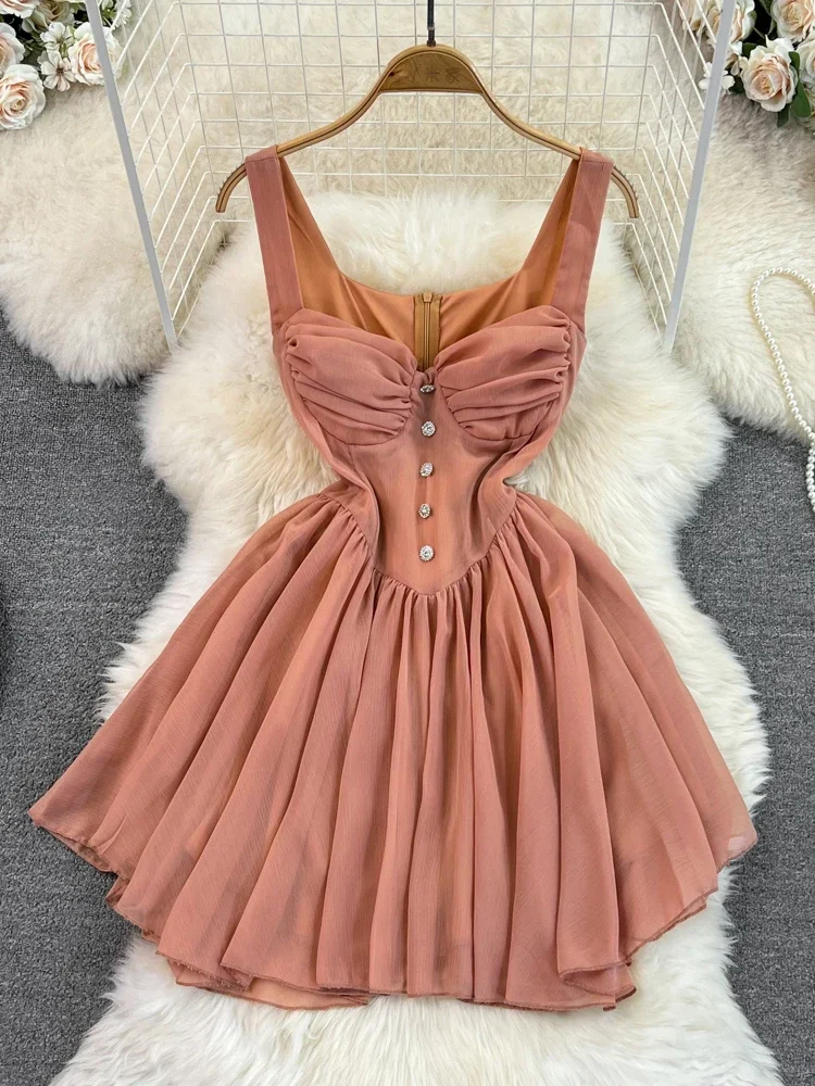 Women Pink A-line Evening Dress Vintage Square Collar Mini Luxury Dresses Y2k Party Club One Piece Frocks  Cutecore Clothes