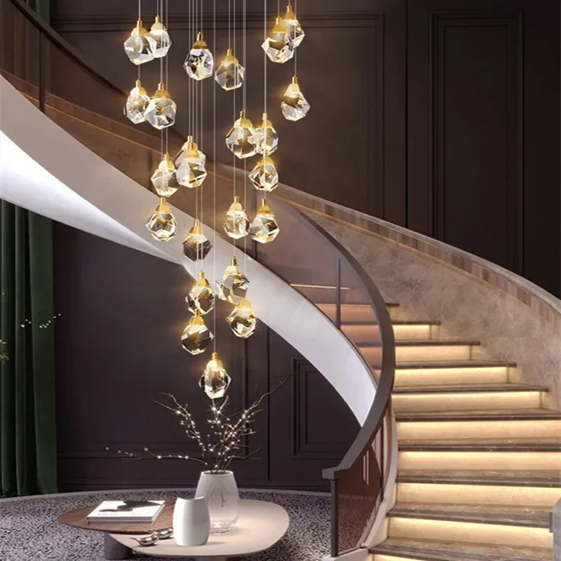 

Modern Luxury Crystal Chandelier Staircase Light Lighting Gold Home Decoration Living Dining Room Kitchen LED Loft Hanging Lamps