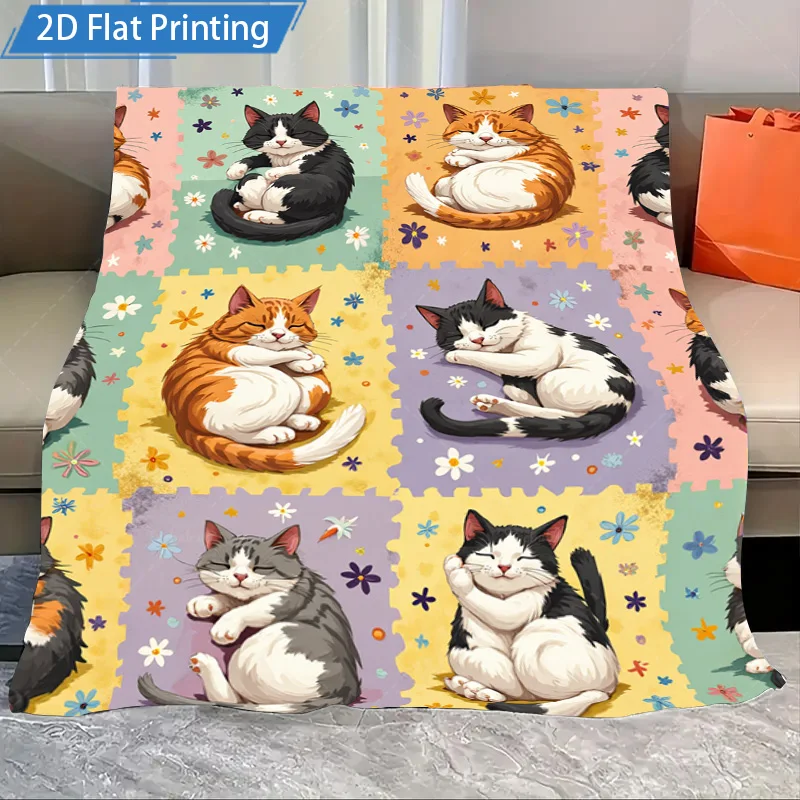 

1 шт. фланелевое одеяло с милыми спальными кошками и цветочным принтом, флисовое одеяло, уютное постельное белье для домашнего декора, мягкий теплый плед