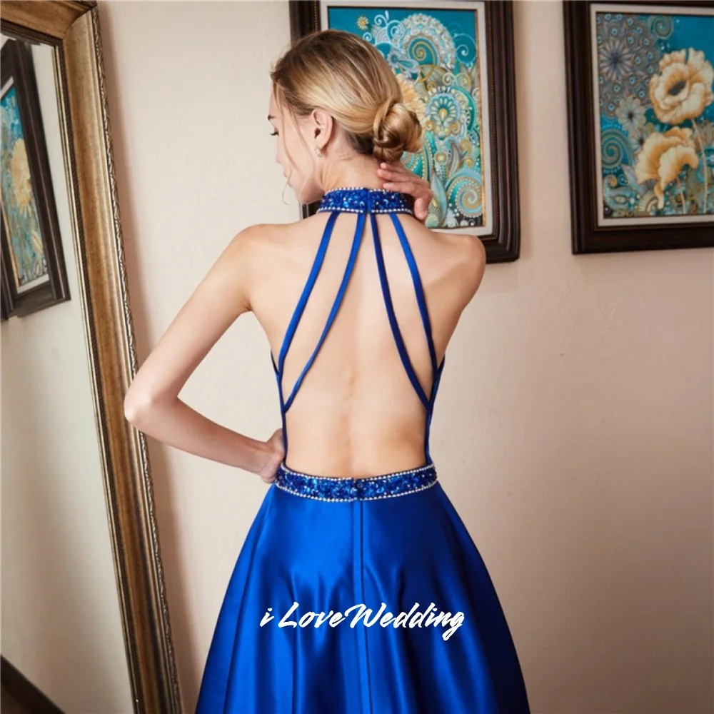 Royal Blue Halter Prom Dresses 2025 Sleeveless Backless A-Line Sequin Beaded Pleated Floor-Length Wedding Guest Dress Customized