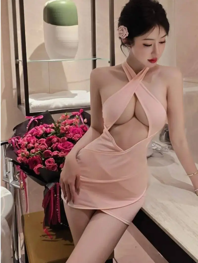 เดรสสไตล์เซ็กซี่บริสุทธิ์ สีพื้น ทรงเข้ารูป โชว์หลัง คอลึก ไร้แขน สายคล้องคอ ผ้าตาข่ายลูกไม้ ดีไซน์หรูหรา 2MWC