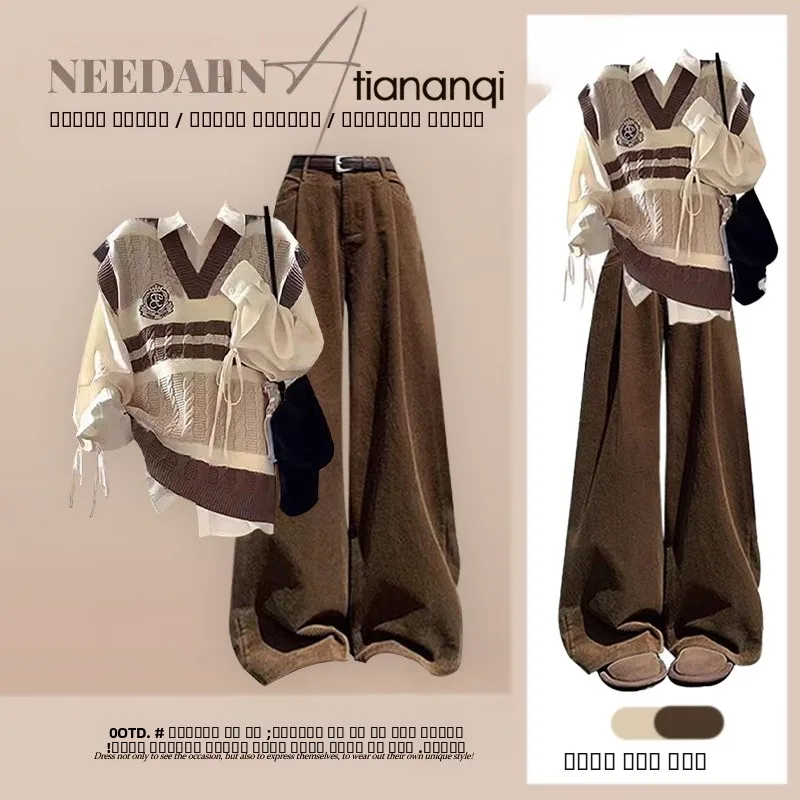 

Женский вязаный жилет в стиле преппи, повседневные брюки, комплект из футболки, осенний комплект Faion College, многослойный дизайн, ансамбль Sense