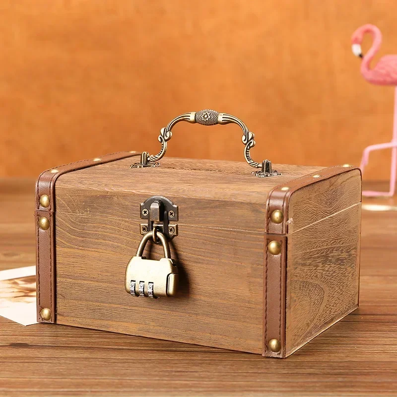 Wooden Retro treasure chest piggy bank Decorative box with lock ，Coin, banknote storage box Children's gift small password box