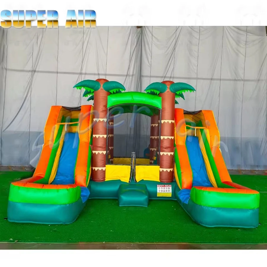 Casa de salto inflável portátil tropical dupla corrediça de água combo molhada ou seca castelo de casa inflável para aluguel de festa ao ar livre
