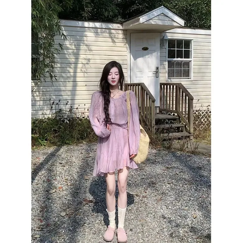 レディース ライトパープル シフォン フリル ドレス 長袖 スモック カジュアル ミニドレス